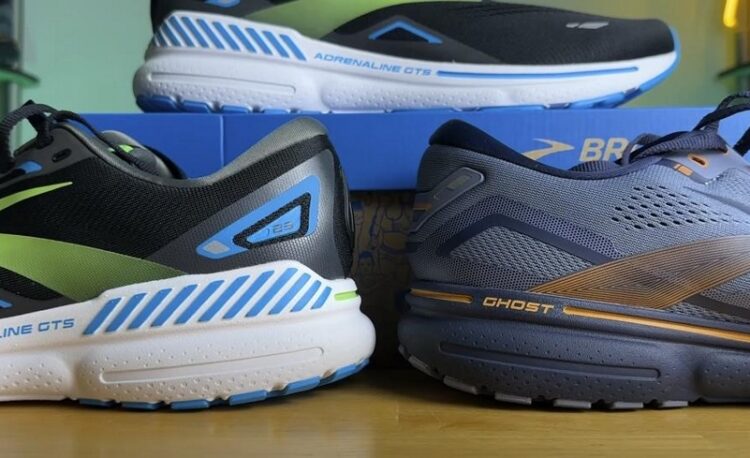 Brooks Ghost and Adrenaline running shoes positioned side by side
