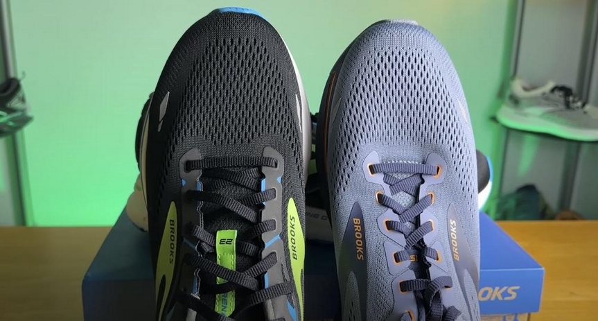 Brooks Ghost and Adrenaline running shoes positioned side by side